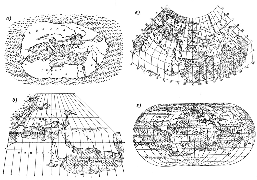 Развитие представлений о географии Земли: а - карта мира по Гекатею; б - карта мира по Гиапарху; в - карта мира по Ортелиусу